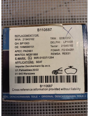 Klocki hamulcowe Audi A4 B5, Seat Ibiza II / Cordoba/ Toledo I /  Arosa /  Inca, Volkswagen Golf II / Golf III / Polo