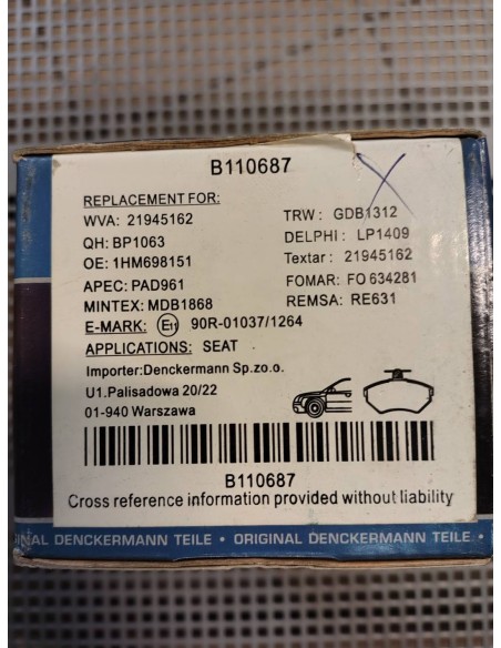 Klocki hamulcowe Audi A4 B5, Seat Ibiza II / Cordoba/ Toledo I /  Arosa /  Inca, Volkswagen Golf II / Golf III / Polo
